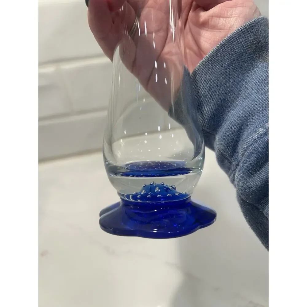 Italian Bormioli Rocco Vase 7.5” Cobalt Blue Flower Shape Base Controlled Bubble
